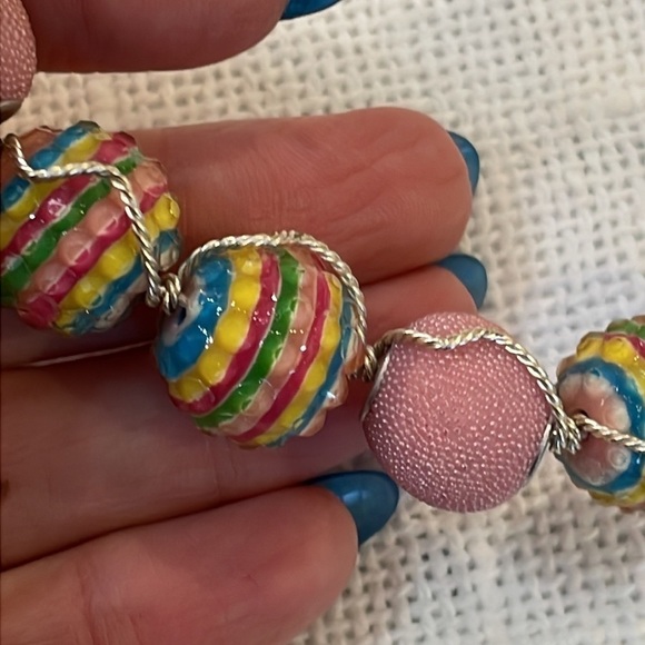 Light pink glass chunky bead large cord wire wrapped yellow green blue stripe - Picture 3 of 8